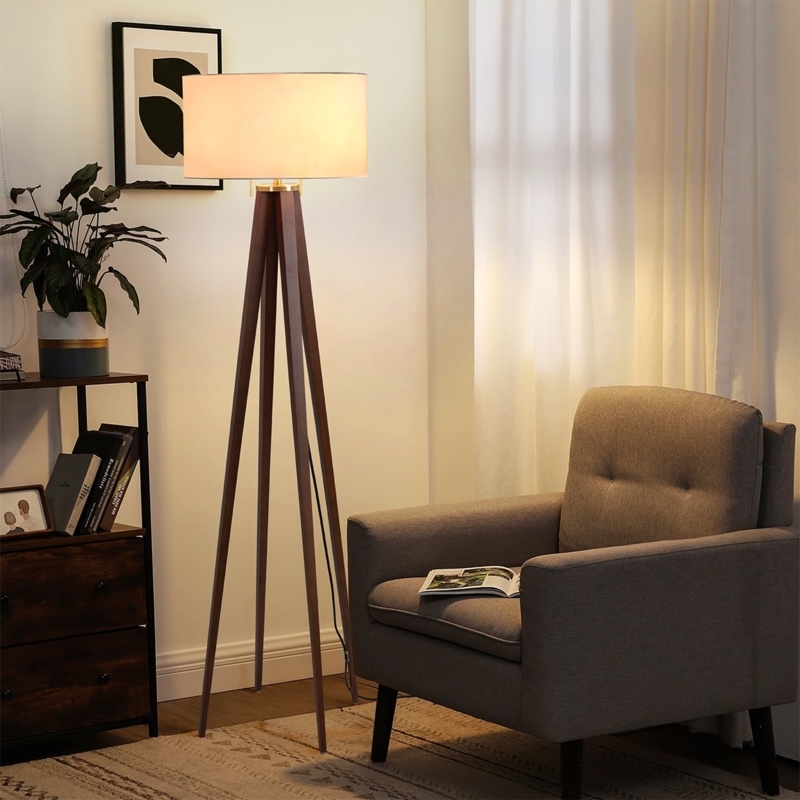 Four-Light Floor Lamp Branching Wood and Brass Glass Shades