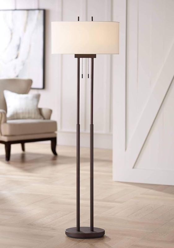 Freestanding Floor Lamp Twin Poles Oval Fabric Shade Modern Style