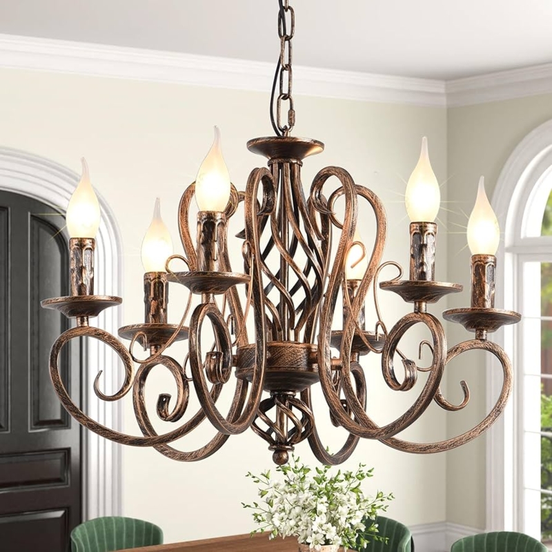 French Country Chandelier Scrolled Wrought Iron Candle Light