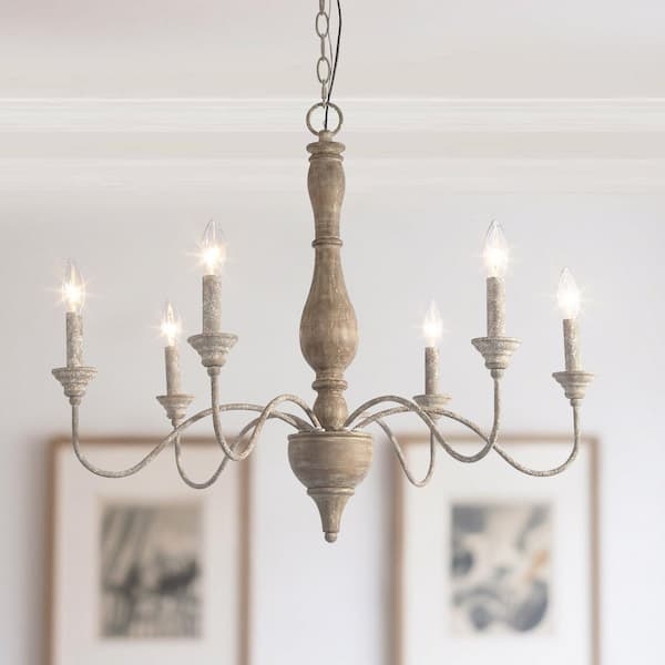 French Country Kitchen Chandelier, Distressed White Finish
