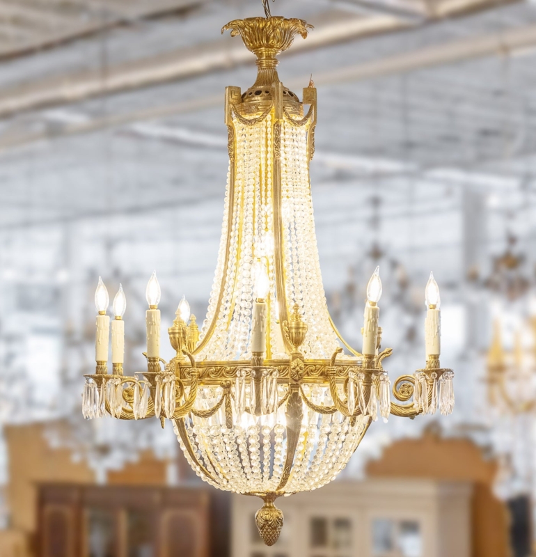 French Empire Basket Chandelier, Gilded Brass Frame