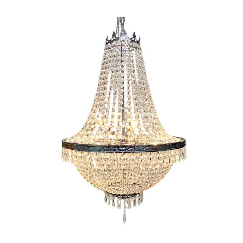 French Empire Chandelier, Polished Chrome Frame, Crystal Draping