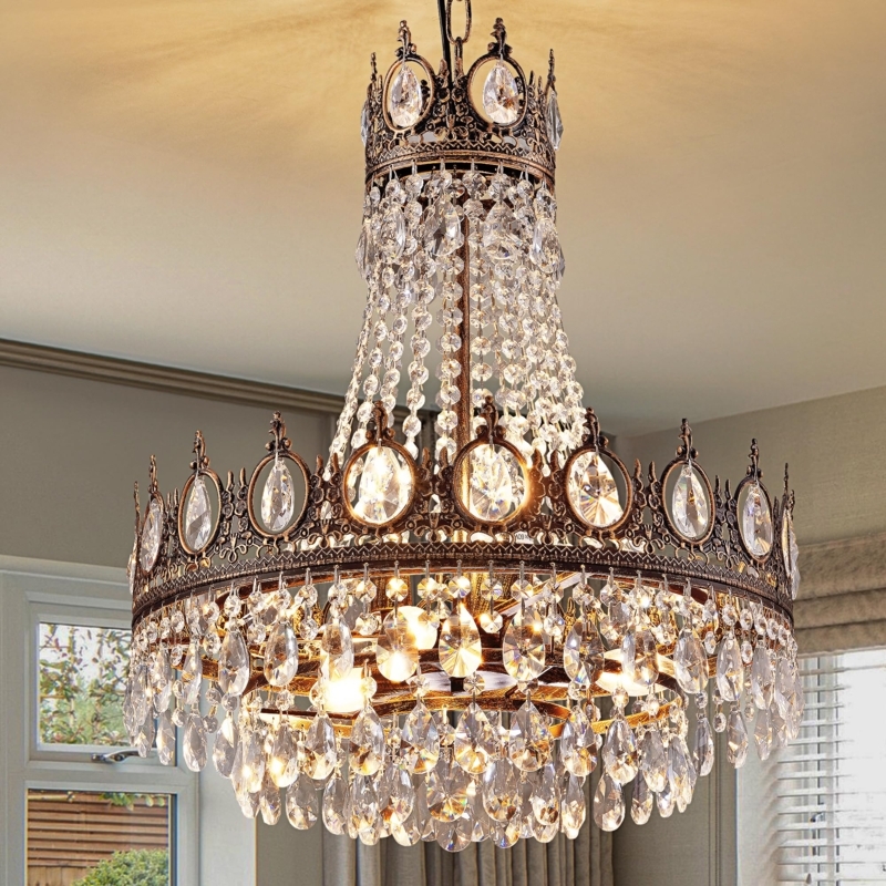 French Empire Crystal Chandelier, Antique Bronze, 6-Light Tiered Design