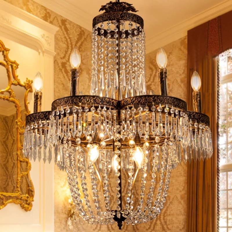 French Empire Crystal Chandelier Faceted Drops Antique Bronze