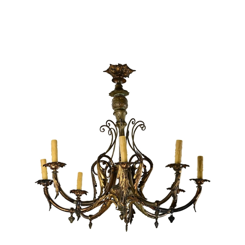 French Gilt Bronze Chandelier, 12-Light with Antique Scroll Arms