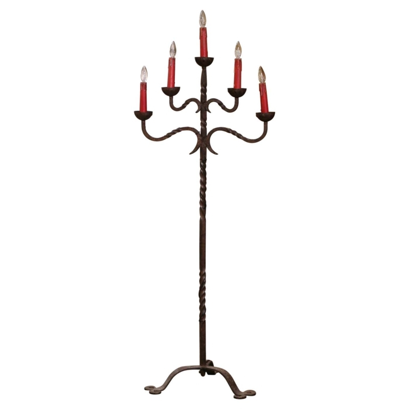 French Gothic Forged Iron Floor Lamp with Five Lights and Fleur-de-lis