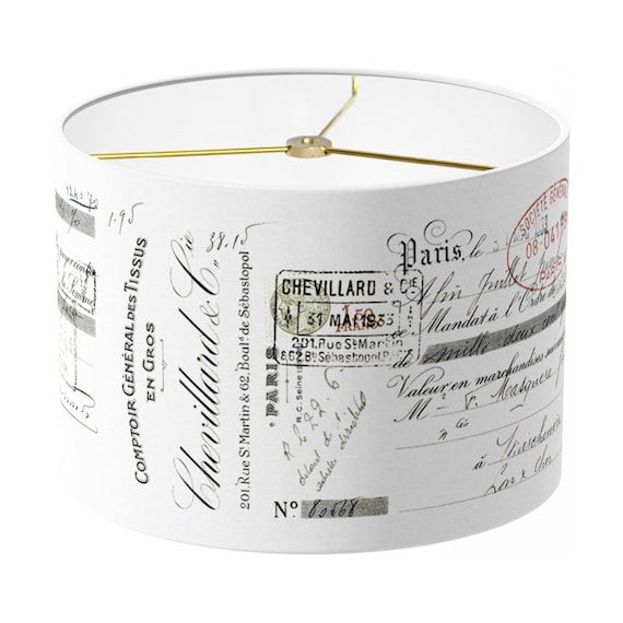 French Script Drum Shade, Beige Linen-Like Fabric Pattern