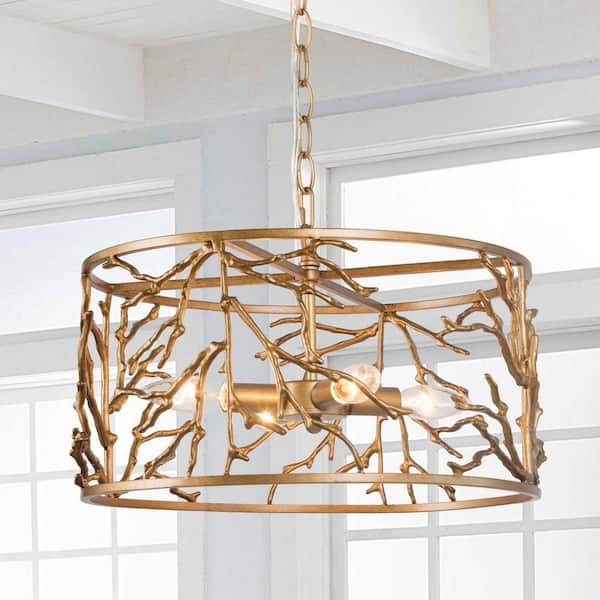 Geometric Cage Chandelier with Internal Sputnik Fixture in Brushed Gold