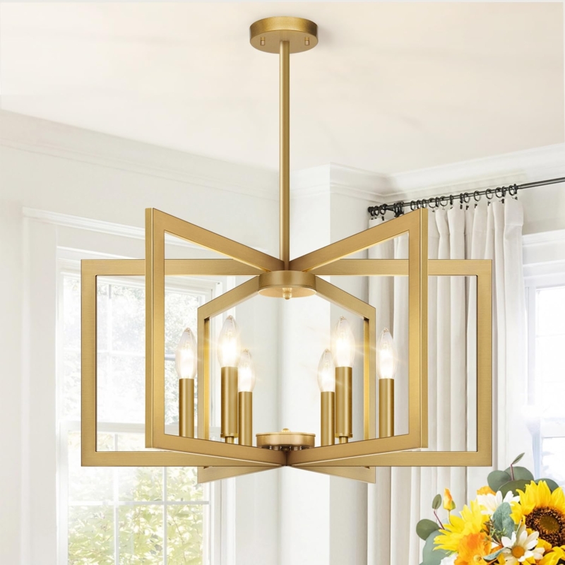 Geometric Chandelier Brushed Gold Six Light Open Frame Industrial
