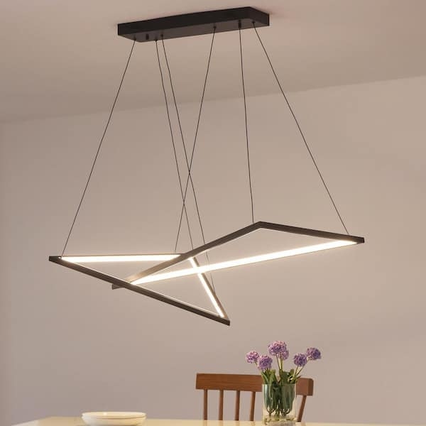 Geometric Chandelier with Interlocking Black Triangles, Integrated LED