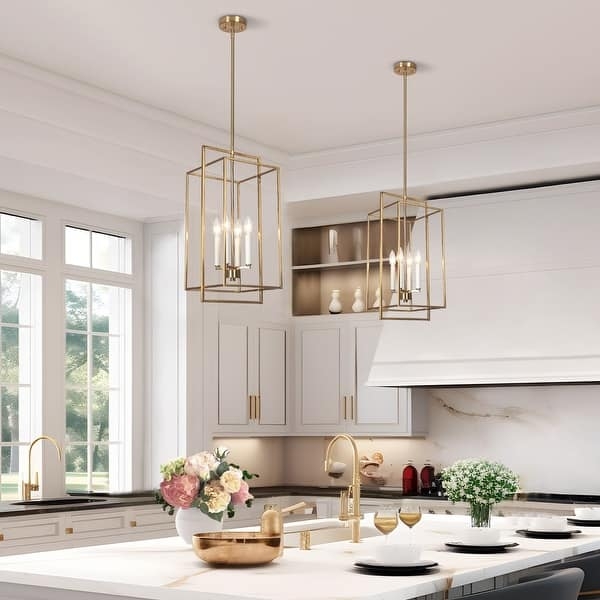 Geometric Lantern Chandelier In Brushed Gold For Kitchen Island