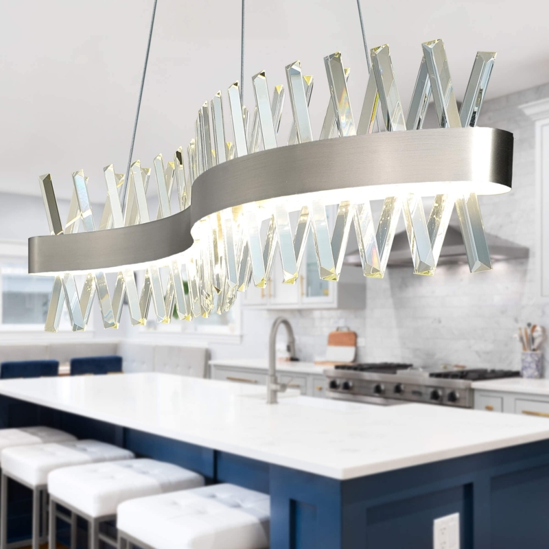 Geometric Linear Chandelier with Polished Finish and Crystal Layers