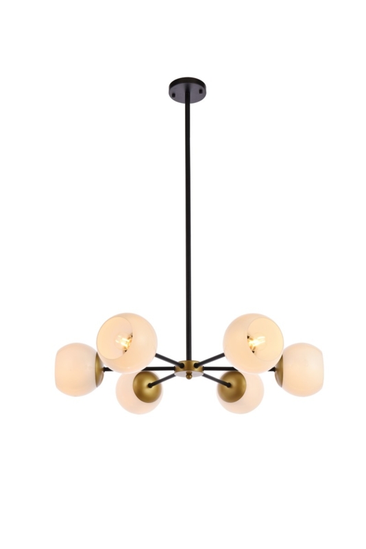 Geometric Pendant Light Six Light Black and Brass Staggered Globes