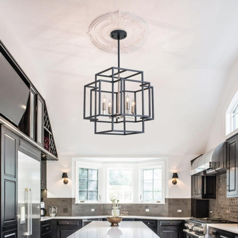 Geometric Pendant Light Two Tone Brushed Nickel Cage Four Light