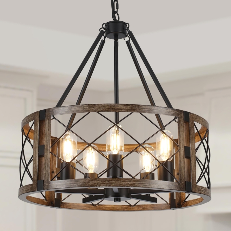 Geometric Wood Textured Frame Farmhouse Chandelier Black X-Accents