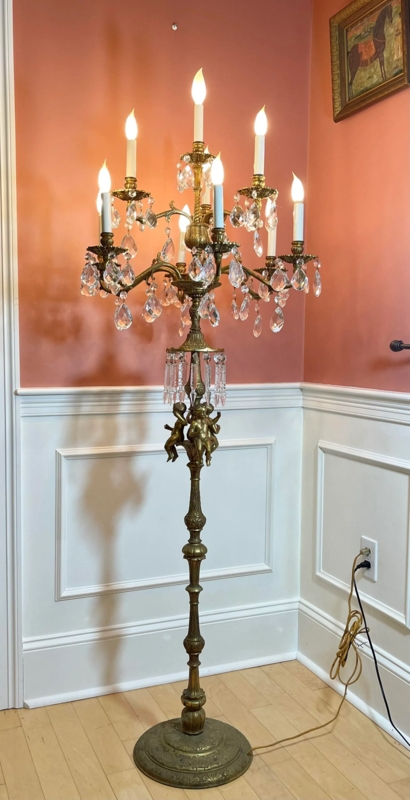 Gilt Bronze Candelabra Floor Lamp with Cherub Figurine and Crystals