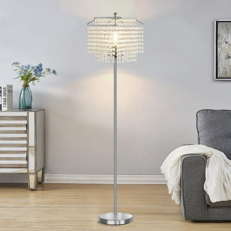 Glam Crystal Floor Lamp: Double Layer Shade & Polished Silver Finish