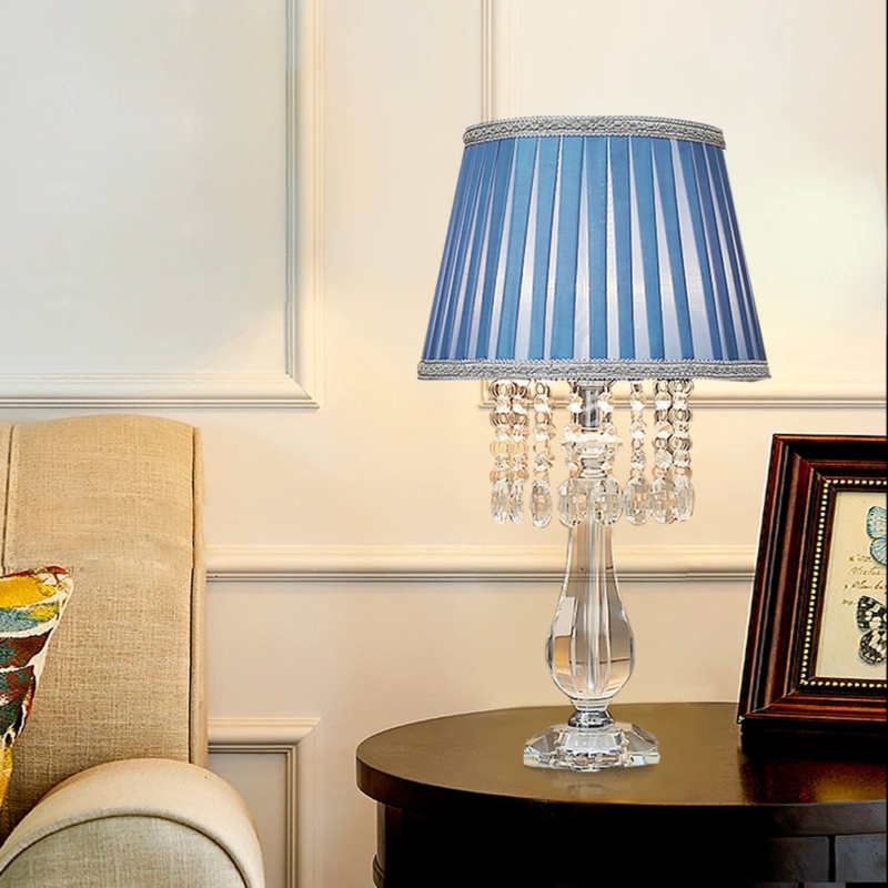Glam Faceted Crystal Table Lamp with Navy Blue Drum Shade