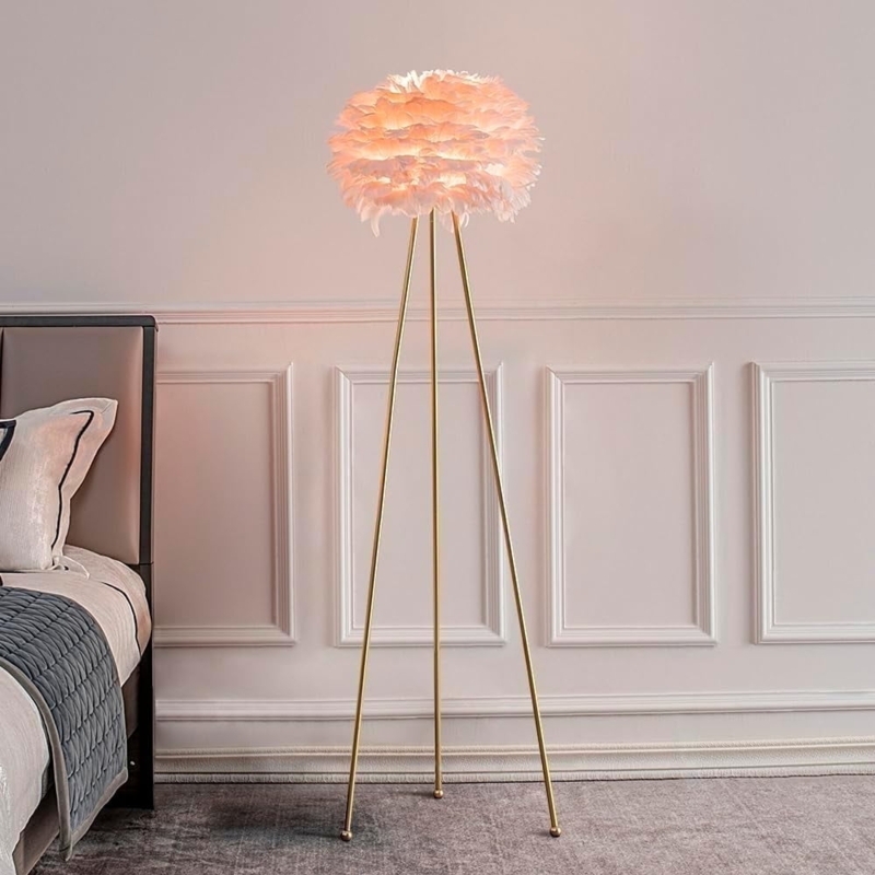 Glam Floor Lamp Pink Feather Shade Gold Tripod Base Luxury