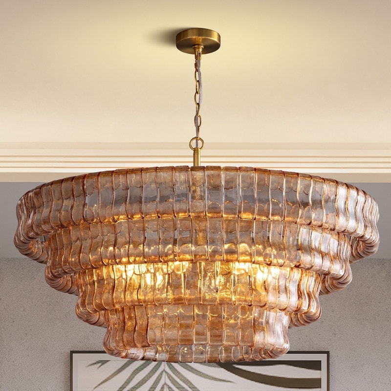 Glam Gold Drum Chandelier featuring Polished Vertical Crystal Strands