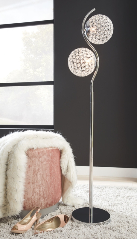 Glam Silver Floor Lamp Stacked Glass Spheres Drum Shade