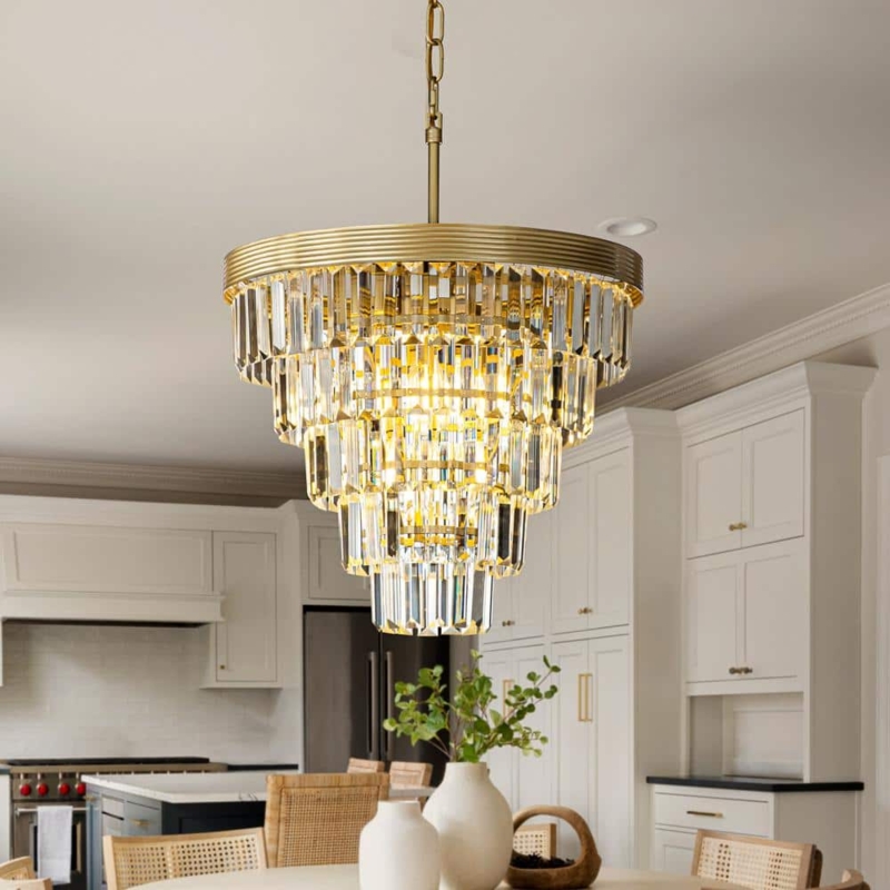 Glam Tiered Crystal Chandelier, Rectangular Prisms Polished Gold