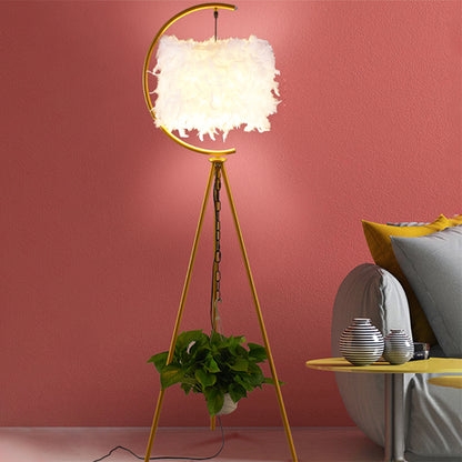 Glam Tripod Floor Lamp with White Feather Drum Shade and Gold-Toned Legs