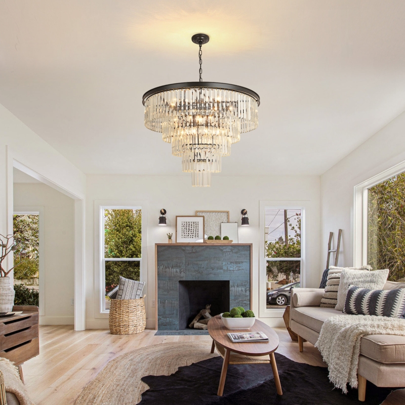 Glamorous Tiered Crystal Chandelier with Matte Black Prismatic Drops