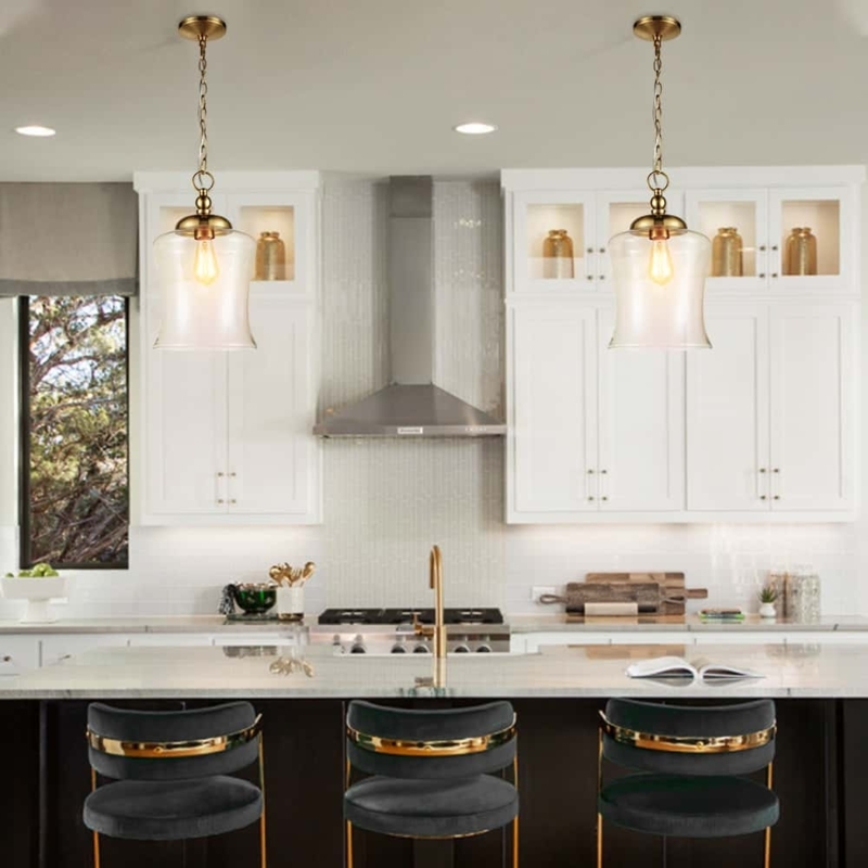 Glass Pendant Light Clear Bell Shade Polished Brass Filament Bulb
