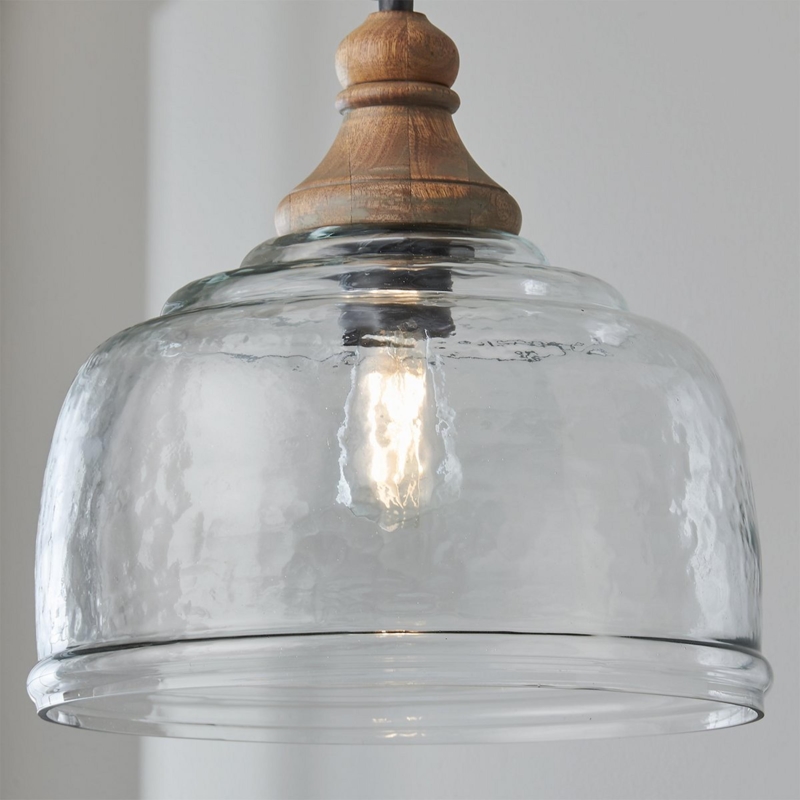 Glass Pendant Light Rippled Texture Wood Cap Coastal Farmhouse
