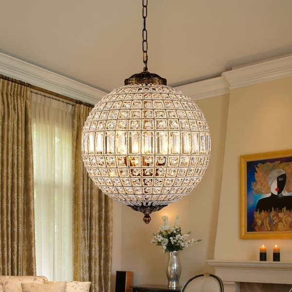 Globe Chandelier Antique Brass Faceted Crystals Vintage French
