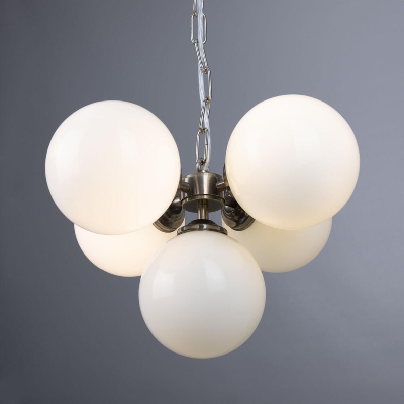 Globe Chandelier Antique Finish Frame Opal Glass Mid Century