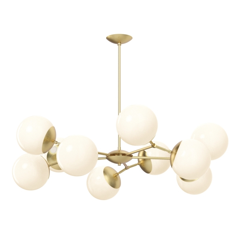 Globe Chandelier Brushed Brass White Glass Crown Silhouette