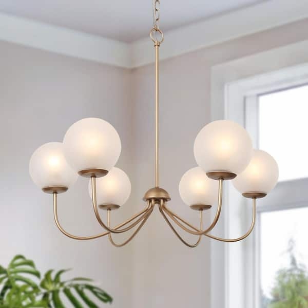 Globe Chandelier: Brushed Gold Frame, 6-Light Frosted Glass Cylinders