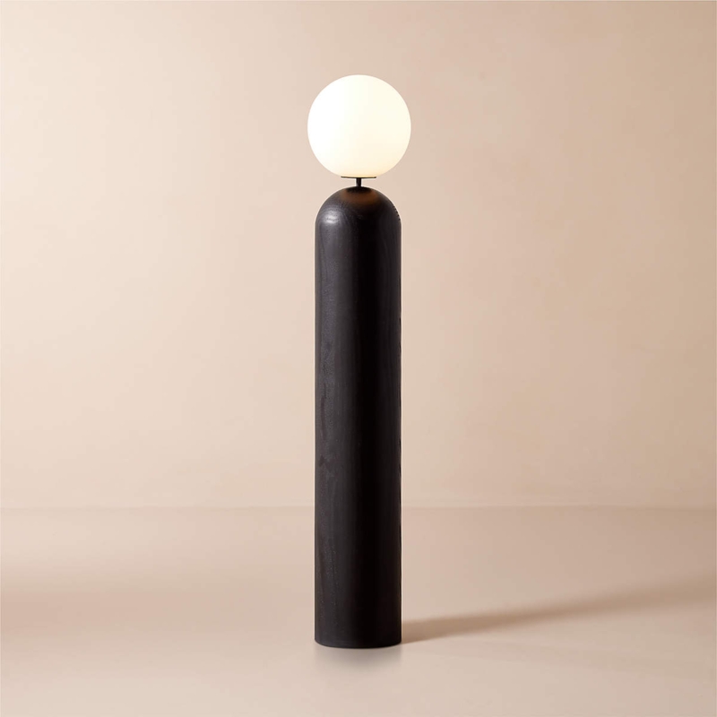 Globe Floor Lamp with Opal Shade and Geometric Wood Base