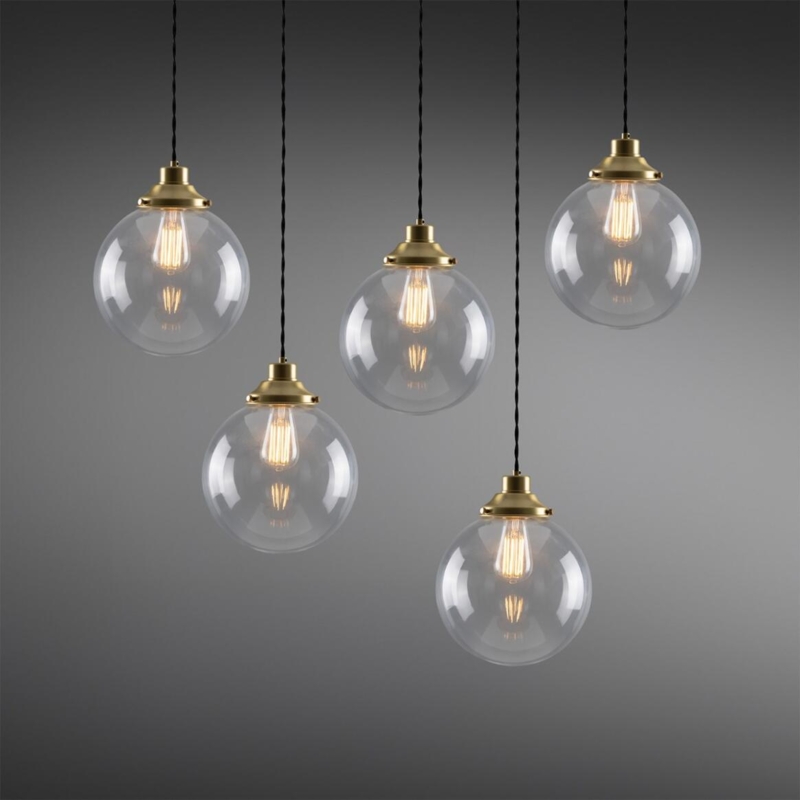 Globe Pendant Cluster Five Staggered Lights, Clear Glass Shades