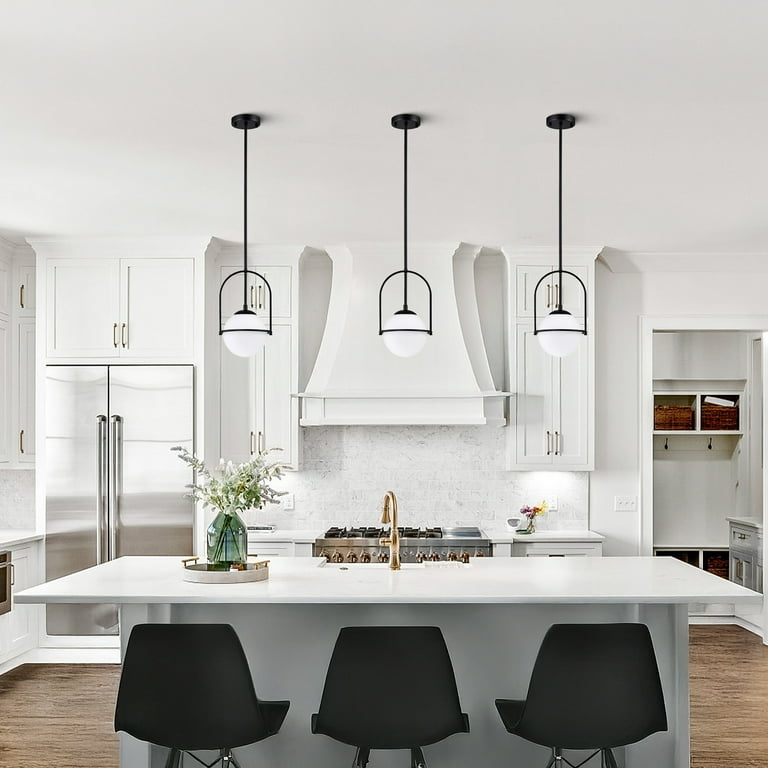 Globe Pendant Light Fixed Rod Suspension, Matte Black Opal Glass