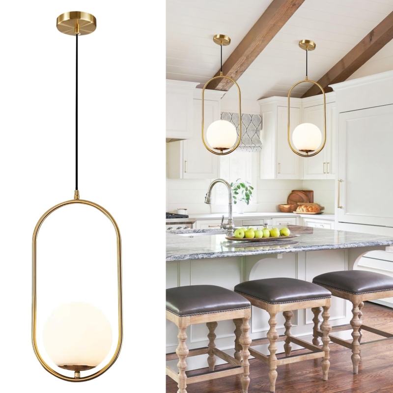 Globe Pendant Light Linear Stem, Milk Glass Sphere Single