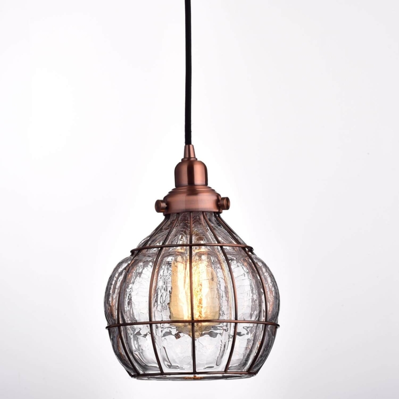 Globe Pendant Light Rustic Cracked Glass Wire Cage Copper