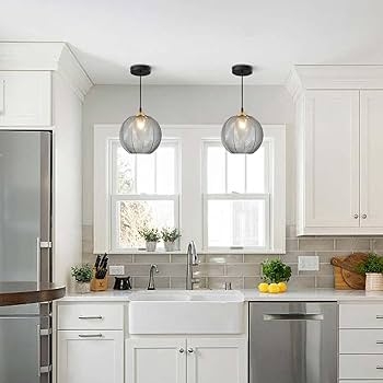 Globe Pendant Light Smoke Gray Ribbed Glass Large Kitchen Island