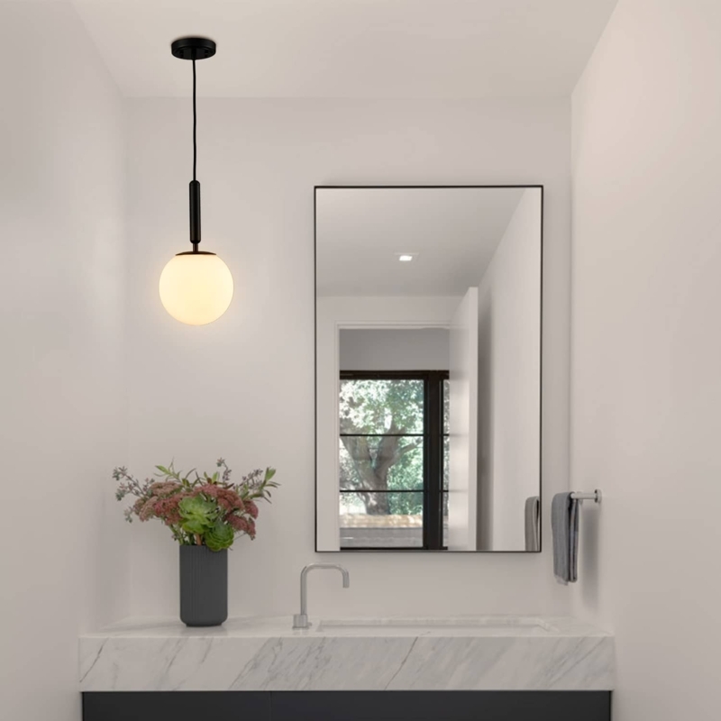 Globe Pendant Lighting Linear Trio Layout, Matte Black Clear Glass