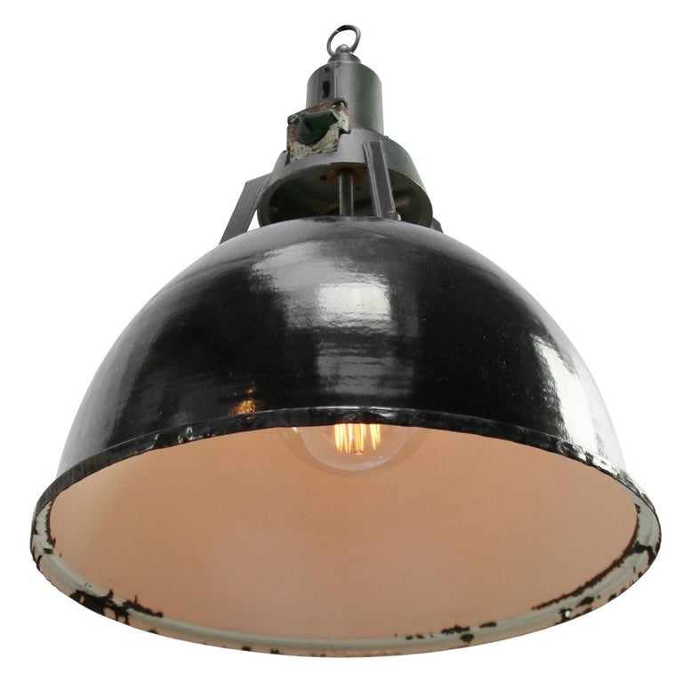 Glossy Black Enamel Bell Pendant Light White Interior RLM Warehouse Style