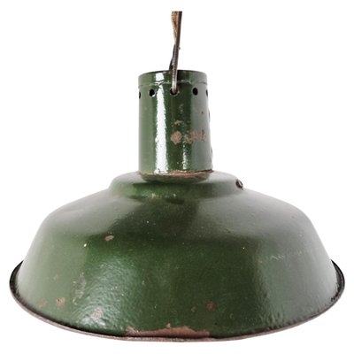 Glossy Dark Green Enamel Dome Pendant Light White Interior Mid-Century