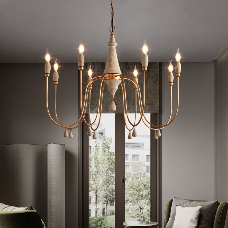 Gold and Wood Wagon Wheel Chandelier with Ovated Arms