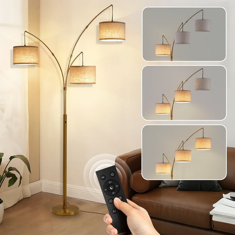 Gold Arc Floor Lamp with Remote, Three Drum Shades, Contemporary Glam