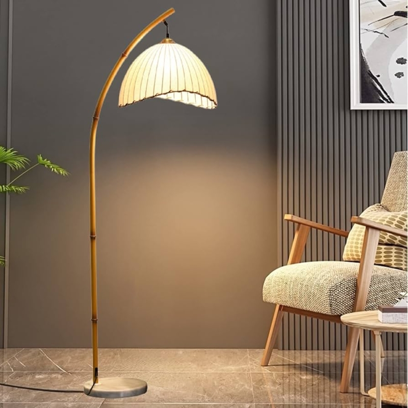 Gold Arched Floor Lamp with Woven Bamboo Bell Shade