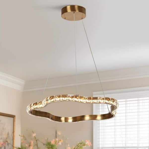 Gold Crystal Halo Lighting Chandelier, Polished Ring Silhouette, LED.