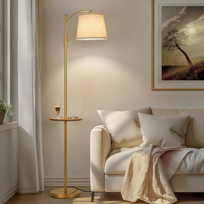 Gold Floor Lamp Integrated Glass Table Polished Finish Modern Glam