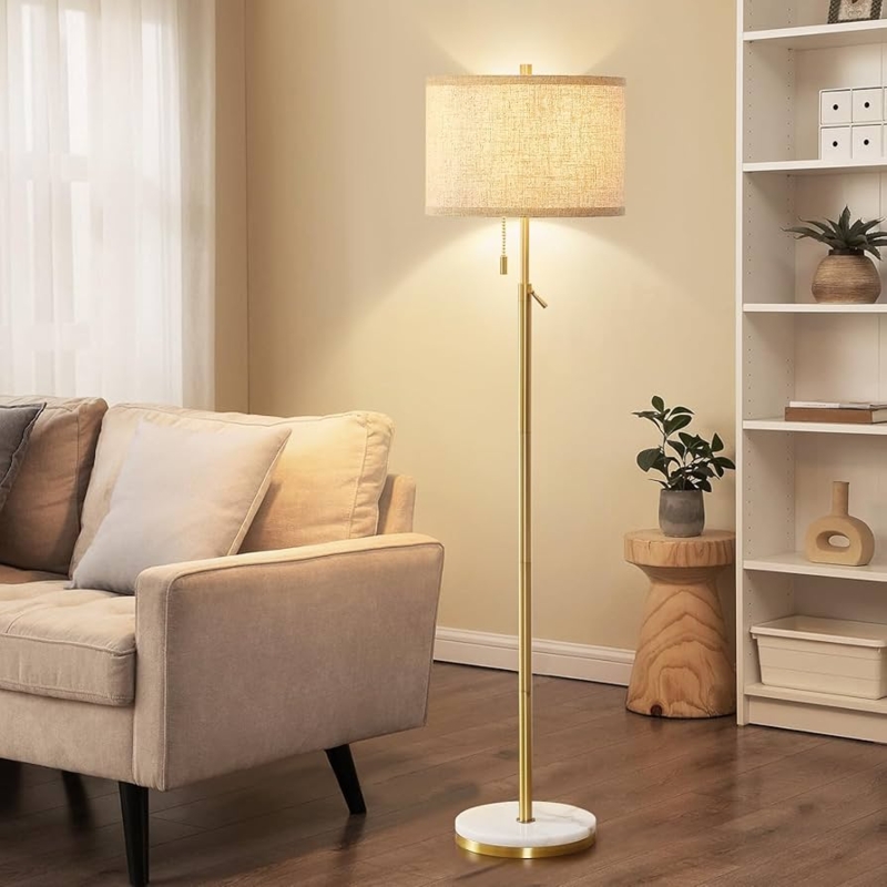 Gold Floor Lamp with Marble Base and Pull Chain Switch