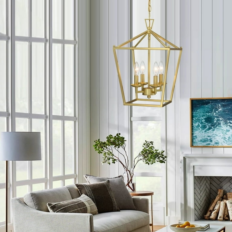 Gold Geometric Lantern Pendant Light Open Cage Candle Cluster